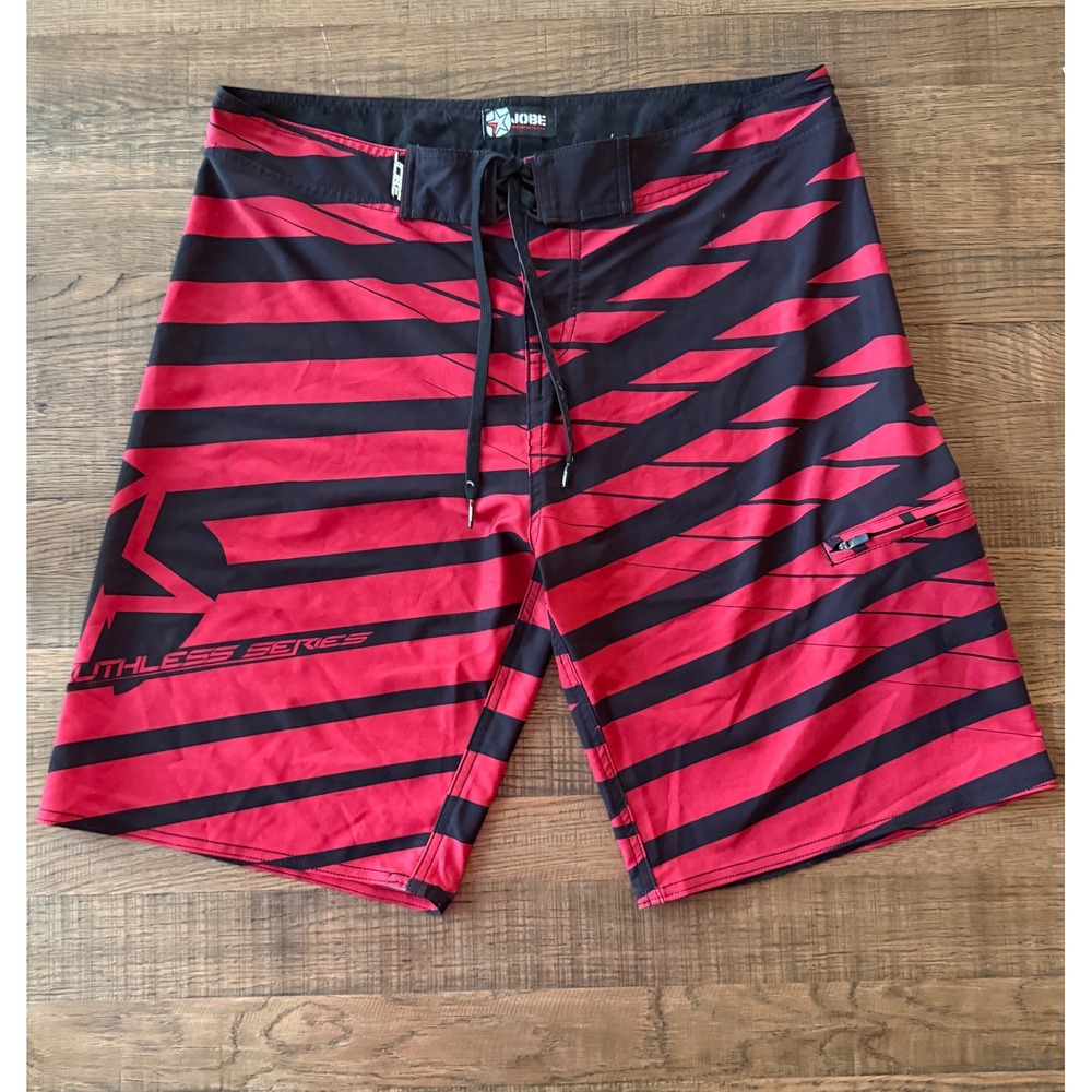 Jobe Ruthless Series Mens Board Shorts XL Red Black Striped Swim Trunks Pocket